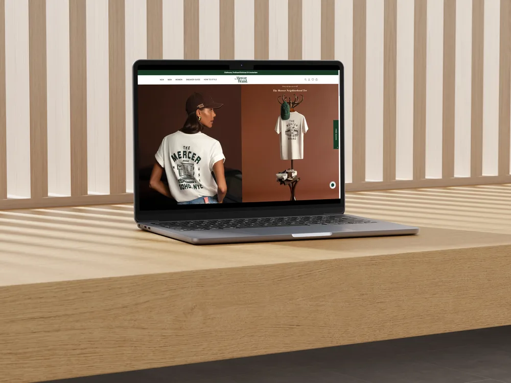 The Mercer Brand storefront, shown on a laptop
